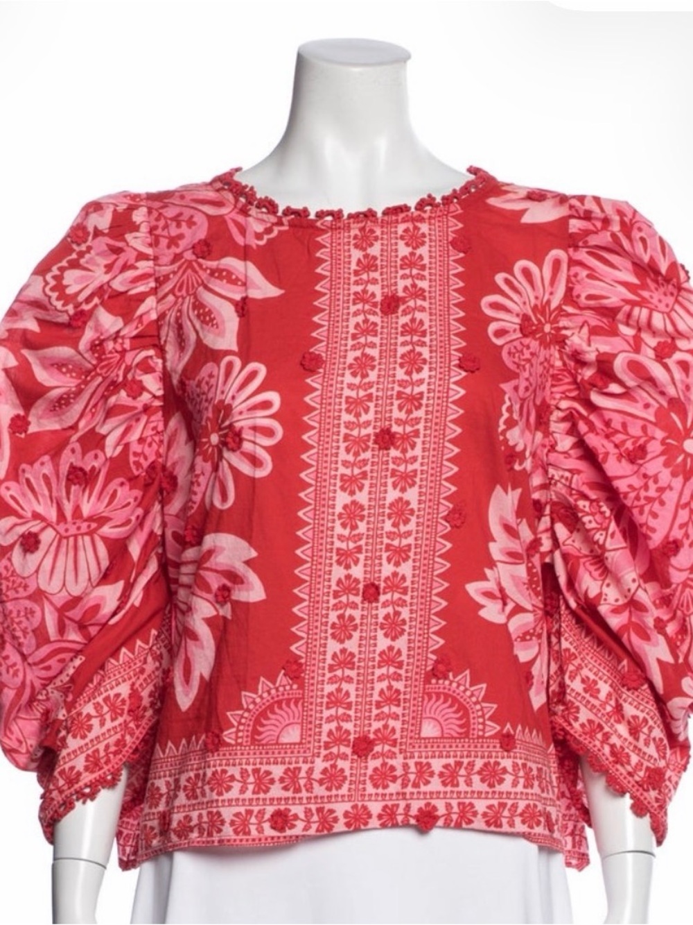 Farm Rio Red Floral Puff-Sleeve Blouse, Sz L - Picture 2 of 7
